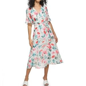 NWT DKNY Floral Print V-Neck Short Ruffle Sleeve Faux Wrap Midi Dress sz 8